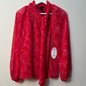 NWT Scoop smocked neck tie top long sleeve blouse size S pink and tomato red.